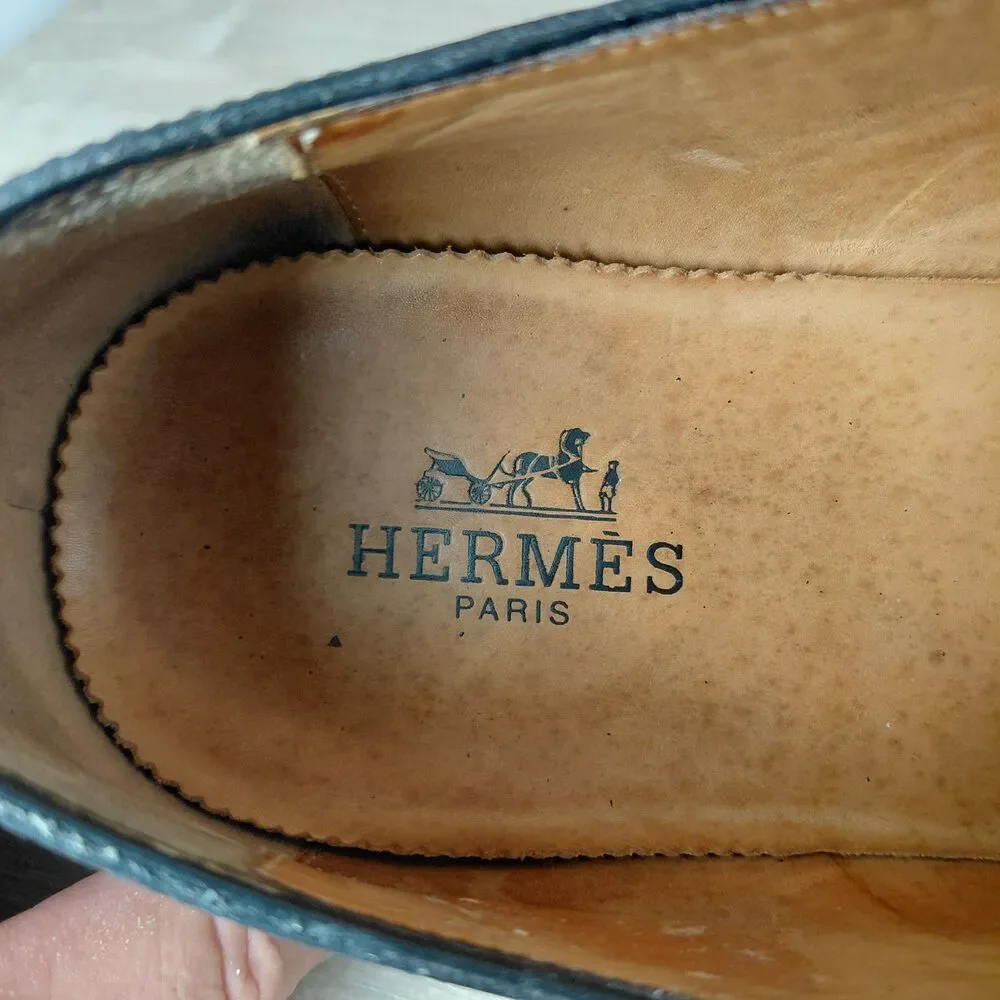 HERMES Paris Mens Black Leather Brogue Oxford Square Toe Dress Shoes Size 9